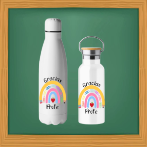 Botella de aluminio blanca - Gracias Profe Arcoíris Modelo 1
