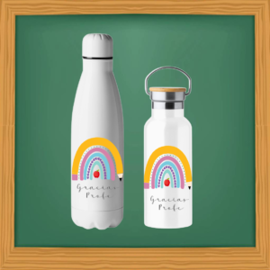 Botella de aluminio blanca - Gracias Profe Arcoíris Modelo 2